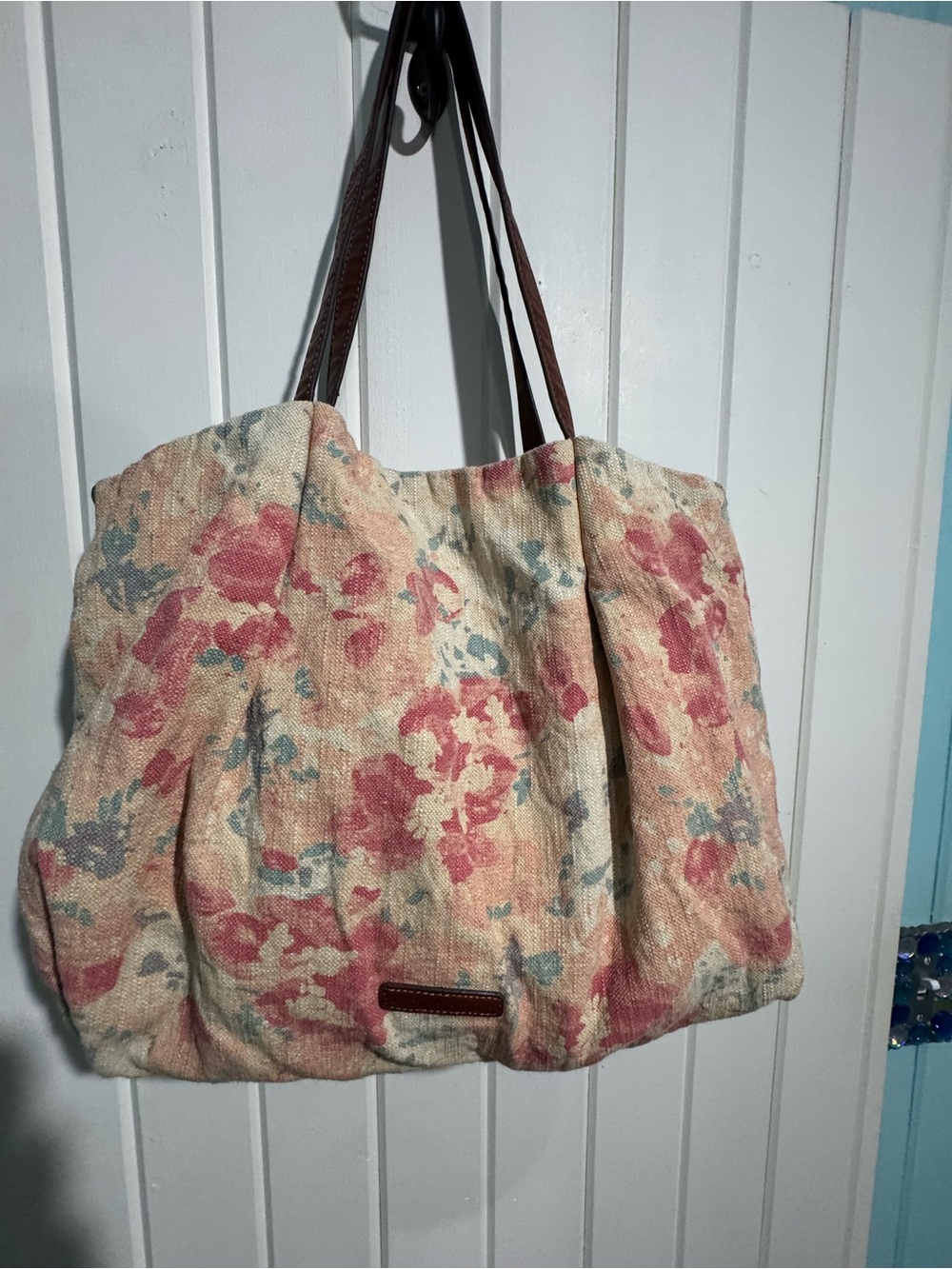 Lucky Brand Cream Floral Canvas Tote with Pink and Blue Accents